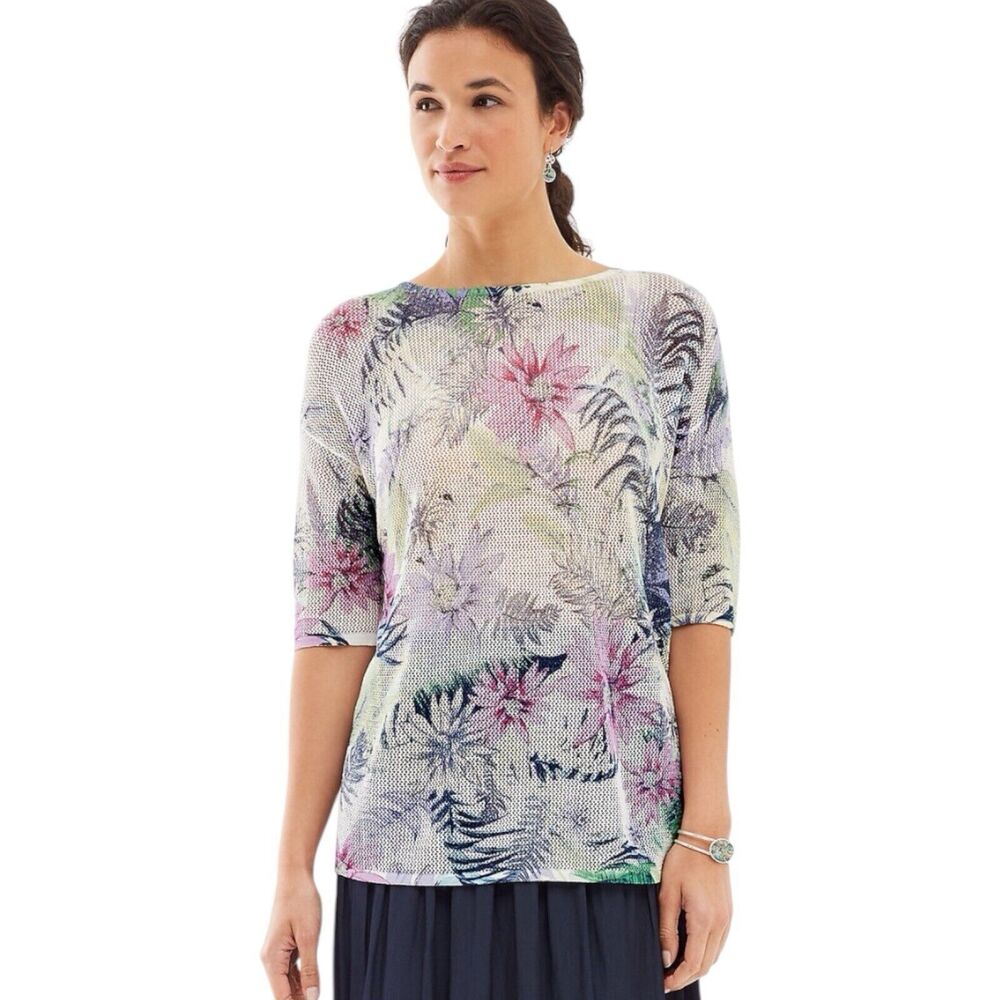J Jill Sweater Womens M Linen Blend Open Knit Mesh Beachy Floral Feminine Net